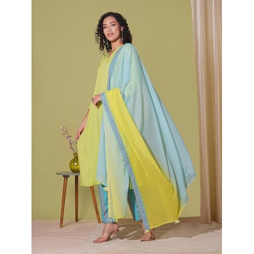 Anni Designer Women's Rayon Viscose Straight Solid Kurta With Pant & Dupatta (Zamkudi Lemon-Vks01_M_Green_Medium)