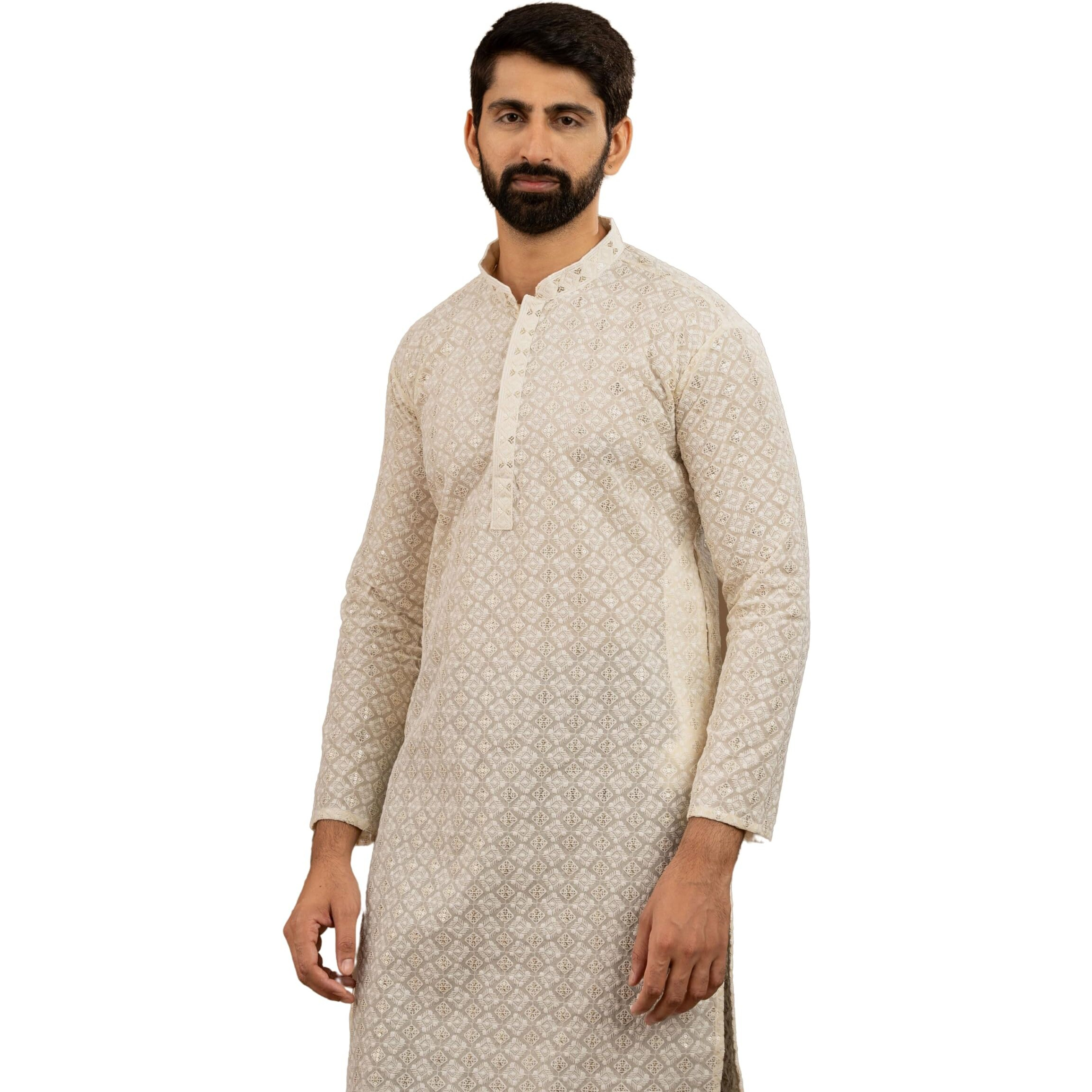 Divisive Men's Embroidered Cotton Linen Blend Only Slim Fit Kurta (Dkrt1102_Xl_Off White 2)