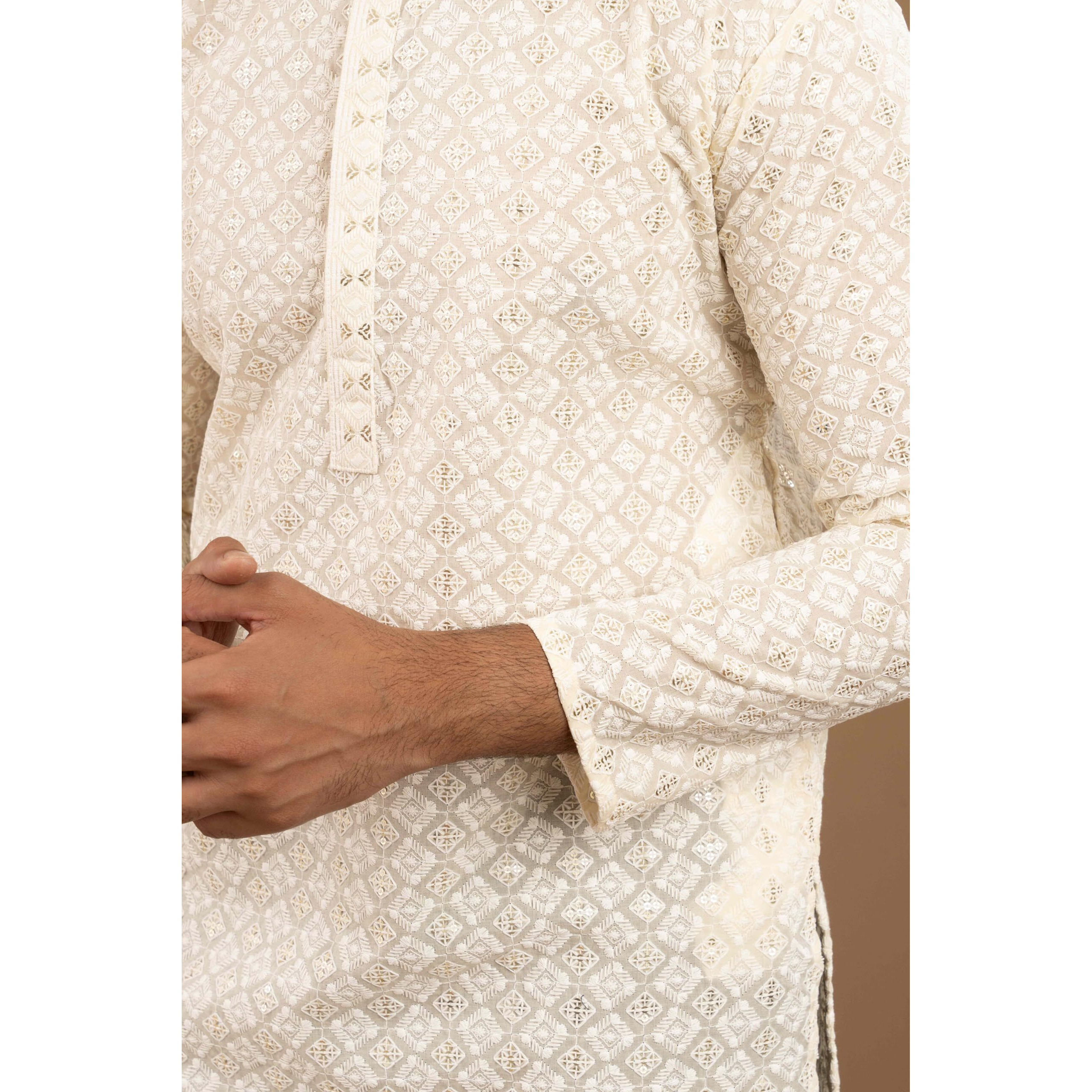Divisive Men's Embroidered Cotton Linen Blend Only Slim Fit Kurta (Dkrt1102_Xl_Off White 2)