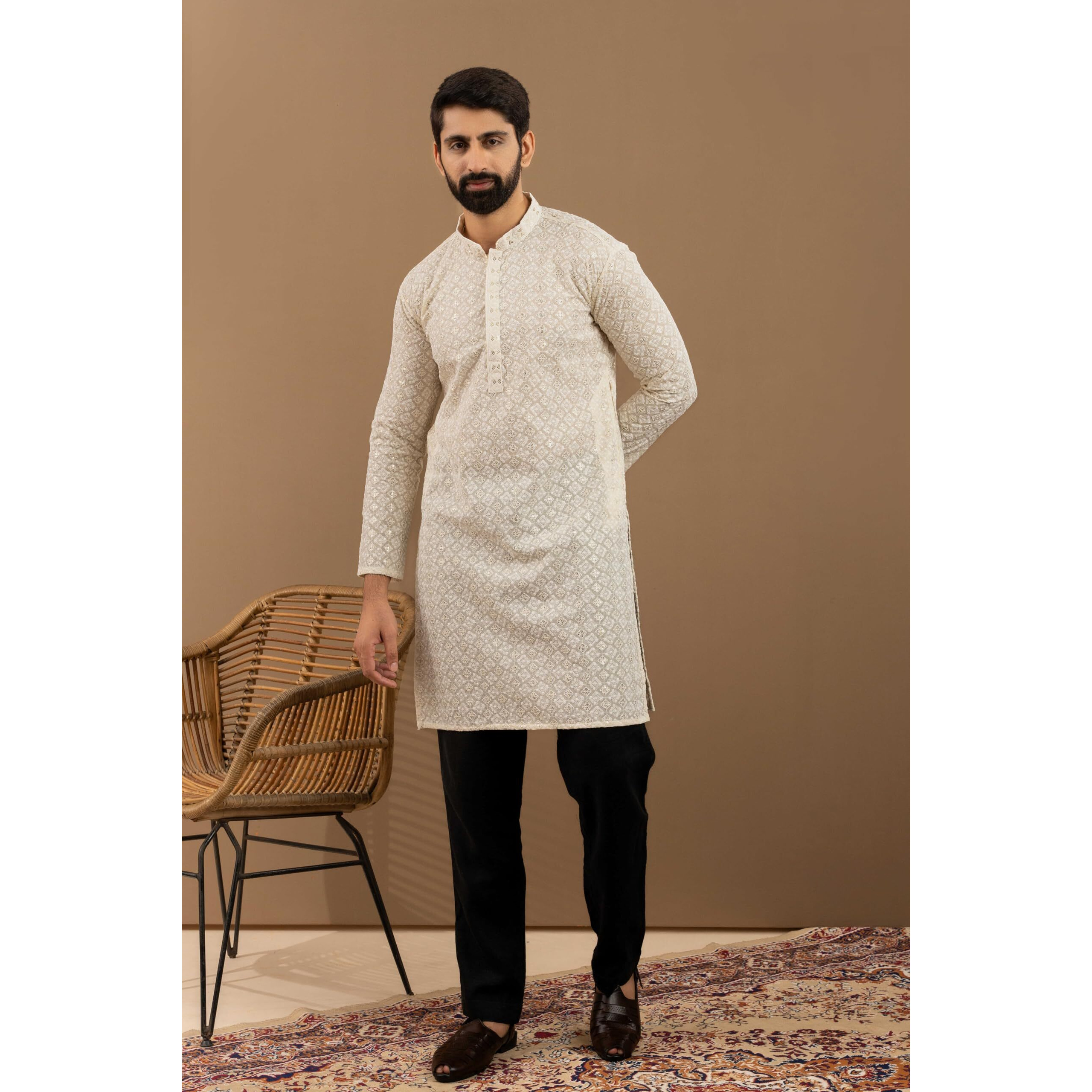 Divisive Men's Embroidered Cotton Linen Blend Only Slim Fit Kurta (Dkrt1102_Xl_Off White 2)