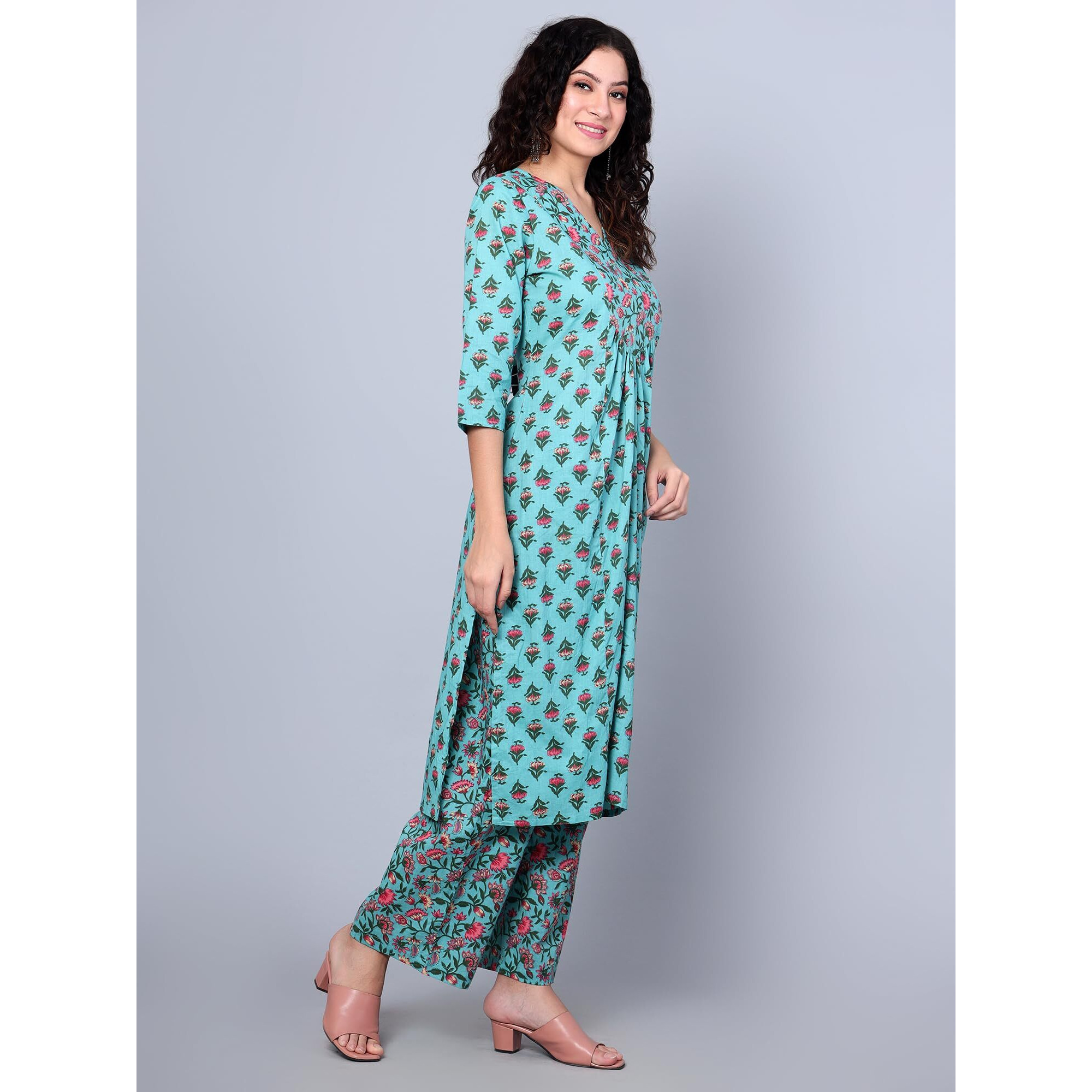 Idalia Teal Blue Printed Kurta Set