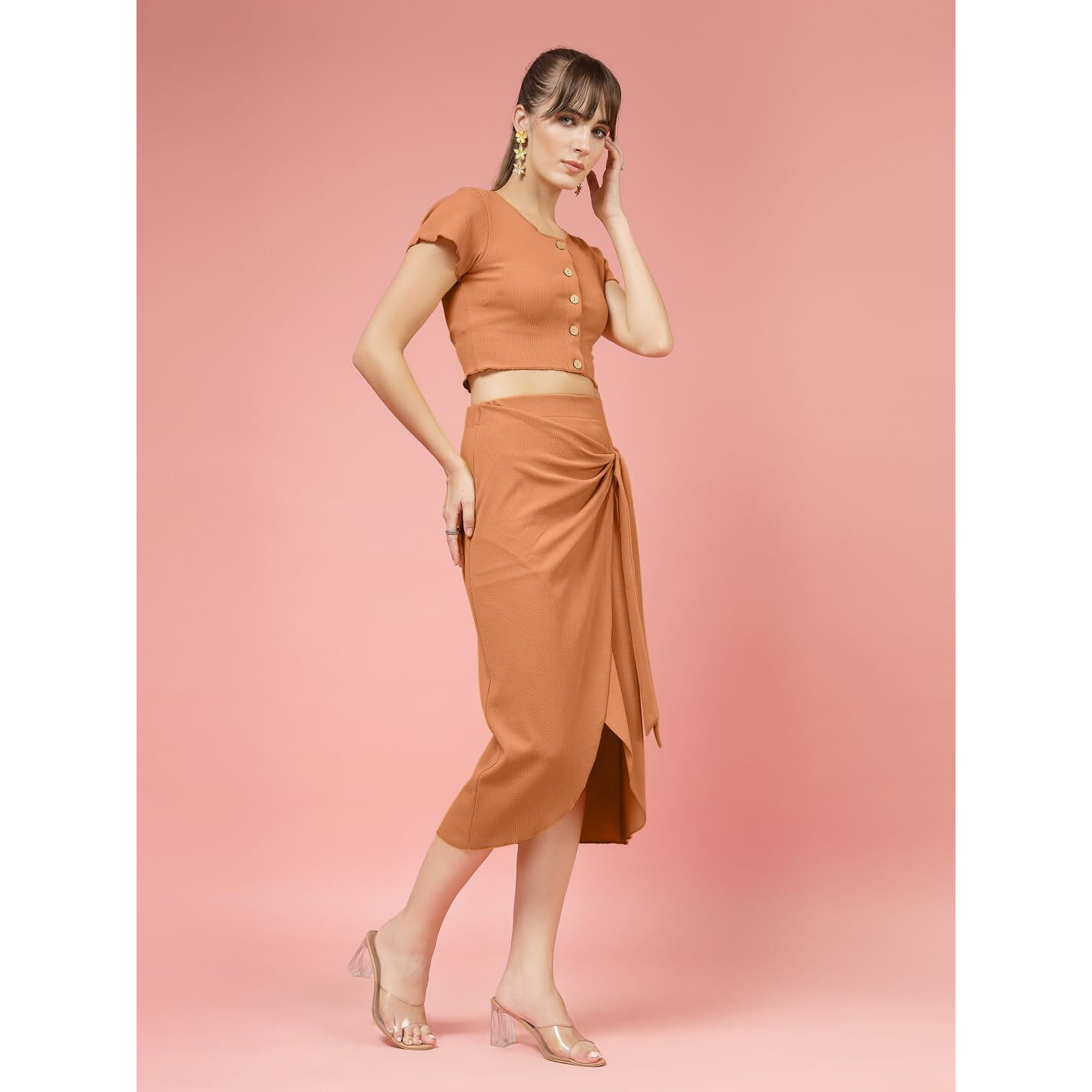Oomph Stretchable Lycra Coord Crop Top And Skirt Set For Women, Orange - Coord_Mt978Msk255