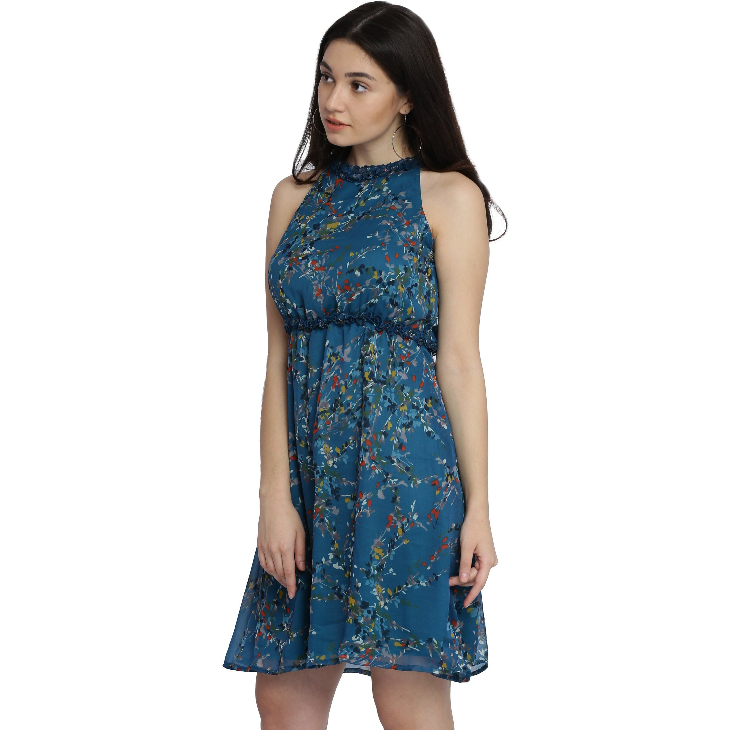 Miss Chase Women's Multicolored Floral Print Skater Dress(Mcaw17D09-75-176-02_Multicolored-Base Turquoise_X-Small)