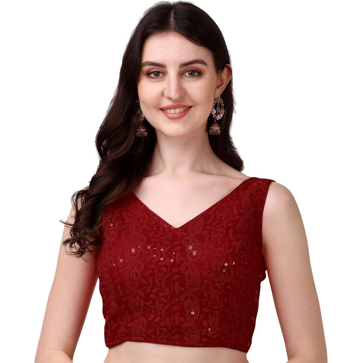 Pujia Mills Women's Georgette Sipali Sequin Work Sleeveless Blouse (Maroon, 34)