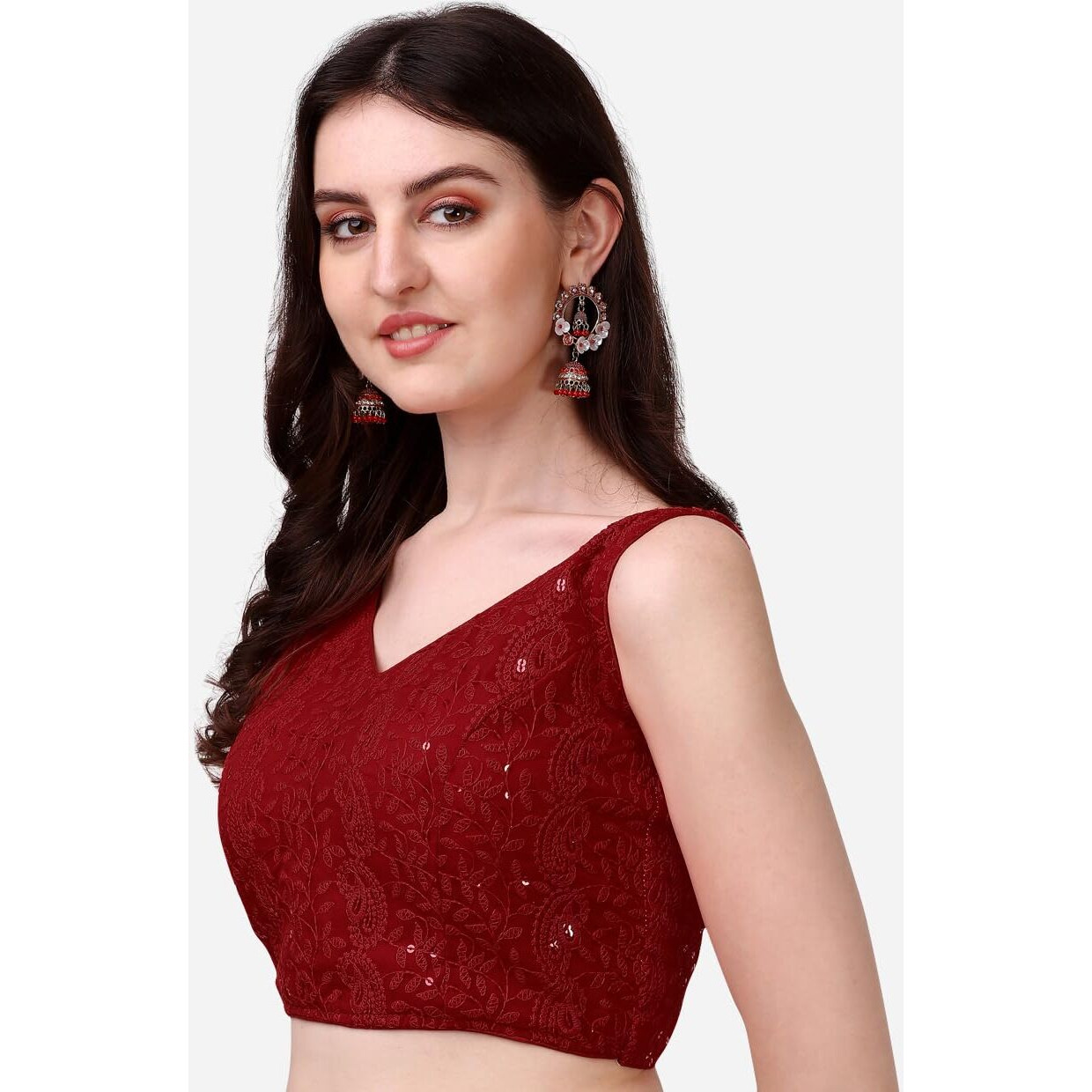 Pujia Mills Women's Georgette Sipali Sequin Work Sleeveless Blouse (Maroon, 34)
