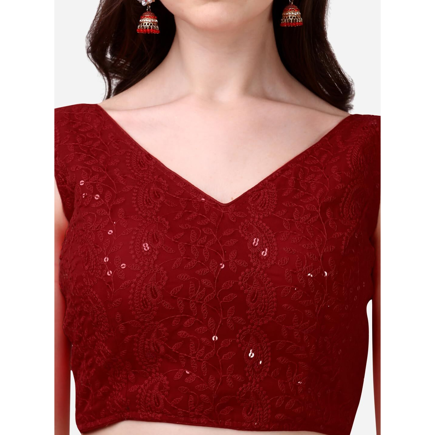 Pujia Mills Women's Georgette Sipali Sequin Work Sleeveless Blouse (Maroon, 34)