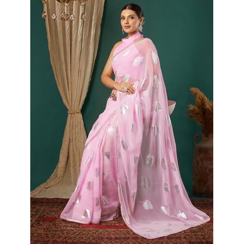 Satrani Women's Georgette Foil Printed Lace Work Saree With Unstitched Blouse Piece (4443S334N_Light Pink)