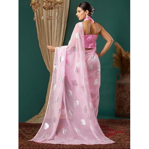 Satrani Women's Georgette Foil Printed Lace Work Saree With Unstitched Blouse Piece (4443S334N_Light Pink)