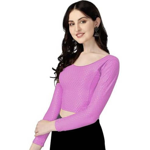 Shiv Textiles Round Neck Dobby Cotton Lycra Stretchable Elbow Sleeve Readymade Saree Blouse For Women Stylish (Pinkfree Size Full Sleeve)