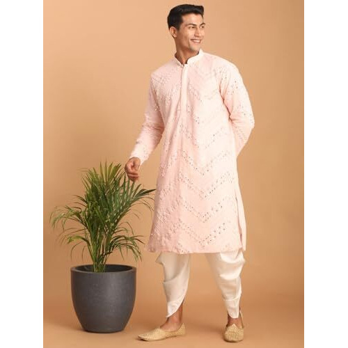 Vastramay Men's Pink And White Georgette Kurta And Dhoti Pant Set | Mirror Work Georgette Kurta With Dhoti Pant