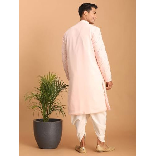 Vastramay Men's Pink And White Georgette Kurta And Dhoti Pant Set | Mirror Work Georgette Kurta With Dhoti Pant