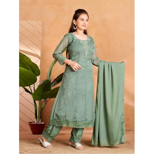 Aarika Girls Ethnic Wear Green Colour Hand Embroidery Kurti Pant Set With Dupatta-(4-15 Years)-(Kp-10428-Green-32)