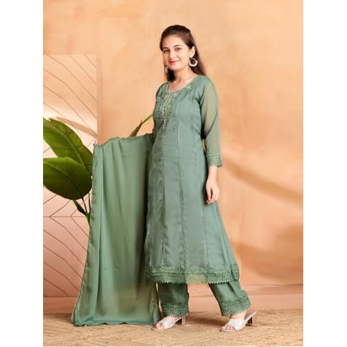 Aarika Girls Ethnic Wear Green Colour Hand Embroidery Kurti Pant Set With Dupatta-(4-15 Years)-(Kp-10428-Green-32)
