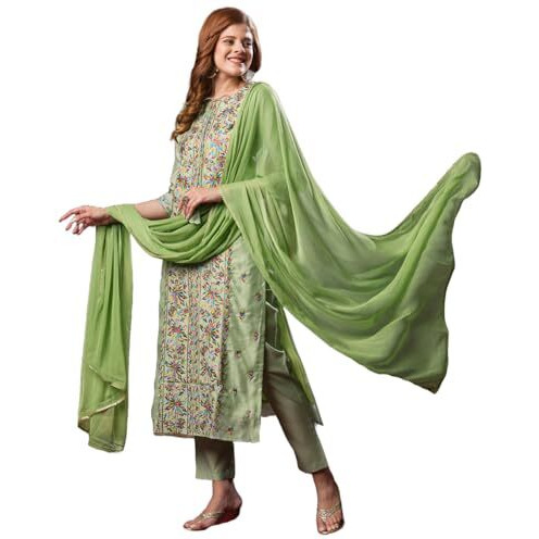 Anni Designer Women's Cotton Blend Embroidered Straight Kurta With Pant & Dupatta (Kochi Methi_M_Green_Medium)
