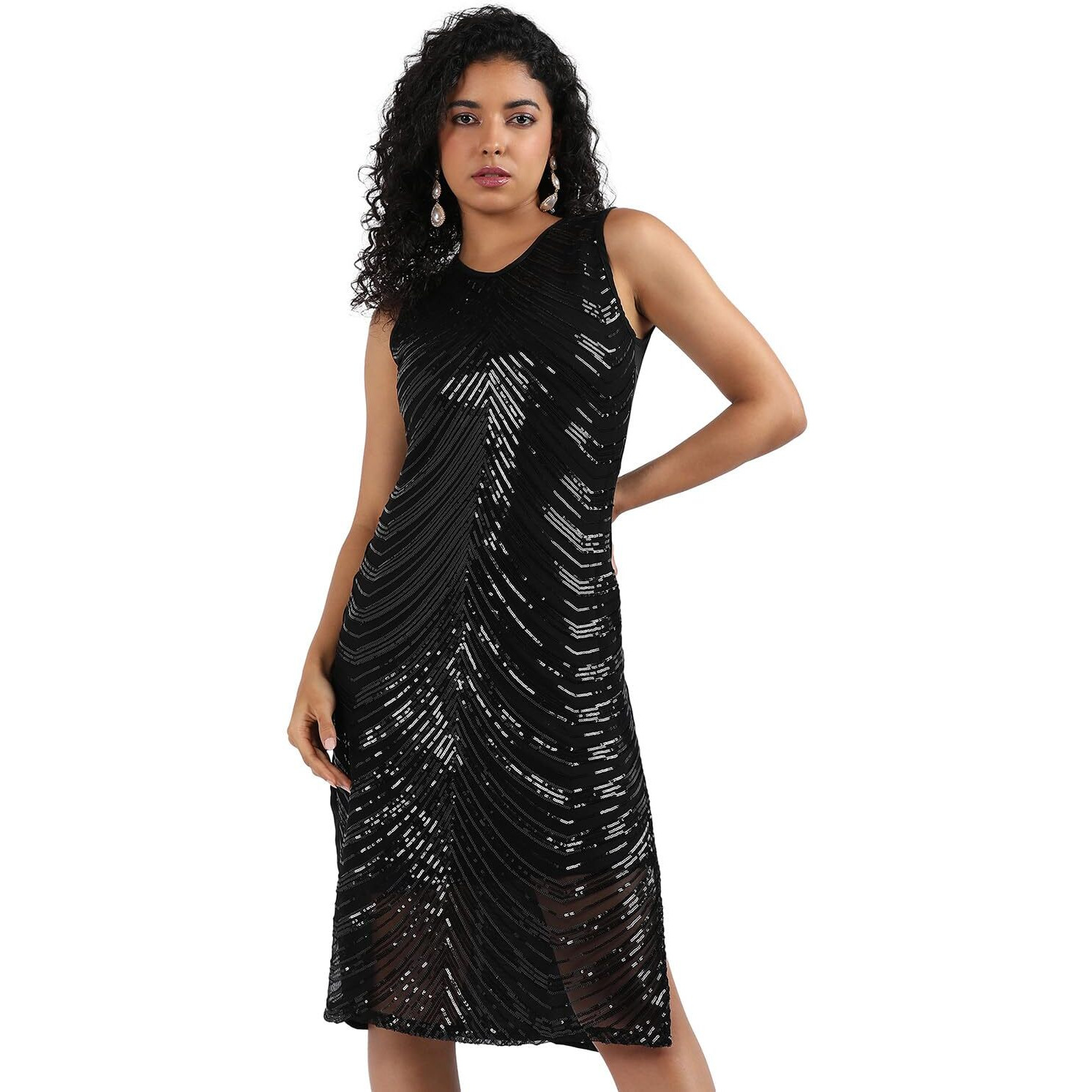 Campus Sutra Women's Polyester Classic Knee-Length Dress (Cbsusmr23_Cswssdr5700_Black