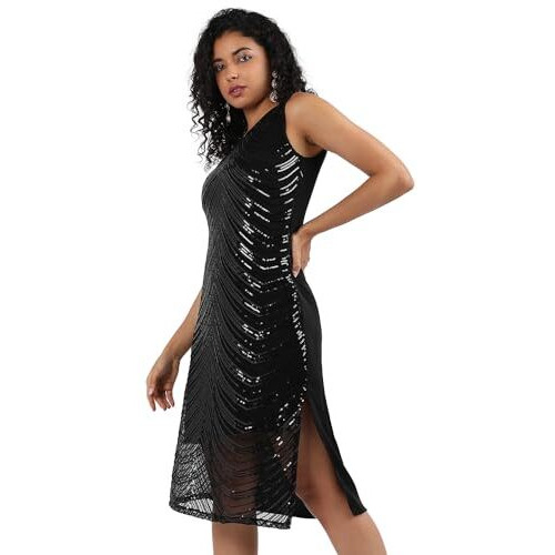 Campus Sutra Women's Polyester Classic Knee-Length Dress (Cbsusmr23_Cswssdr5700_Black