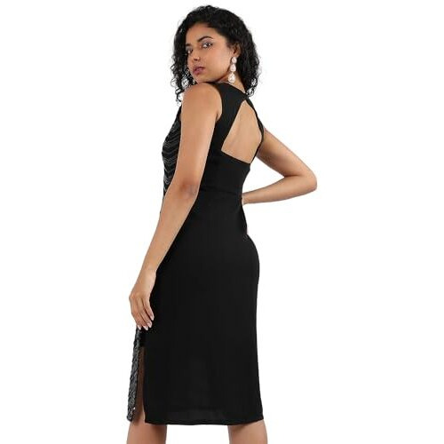 Campus Sutra Women's Polyester Classic Knee-Length Dress (Cbsusmr23_Cswssdr5700_Black