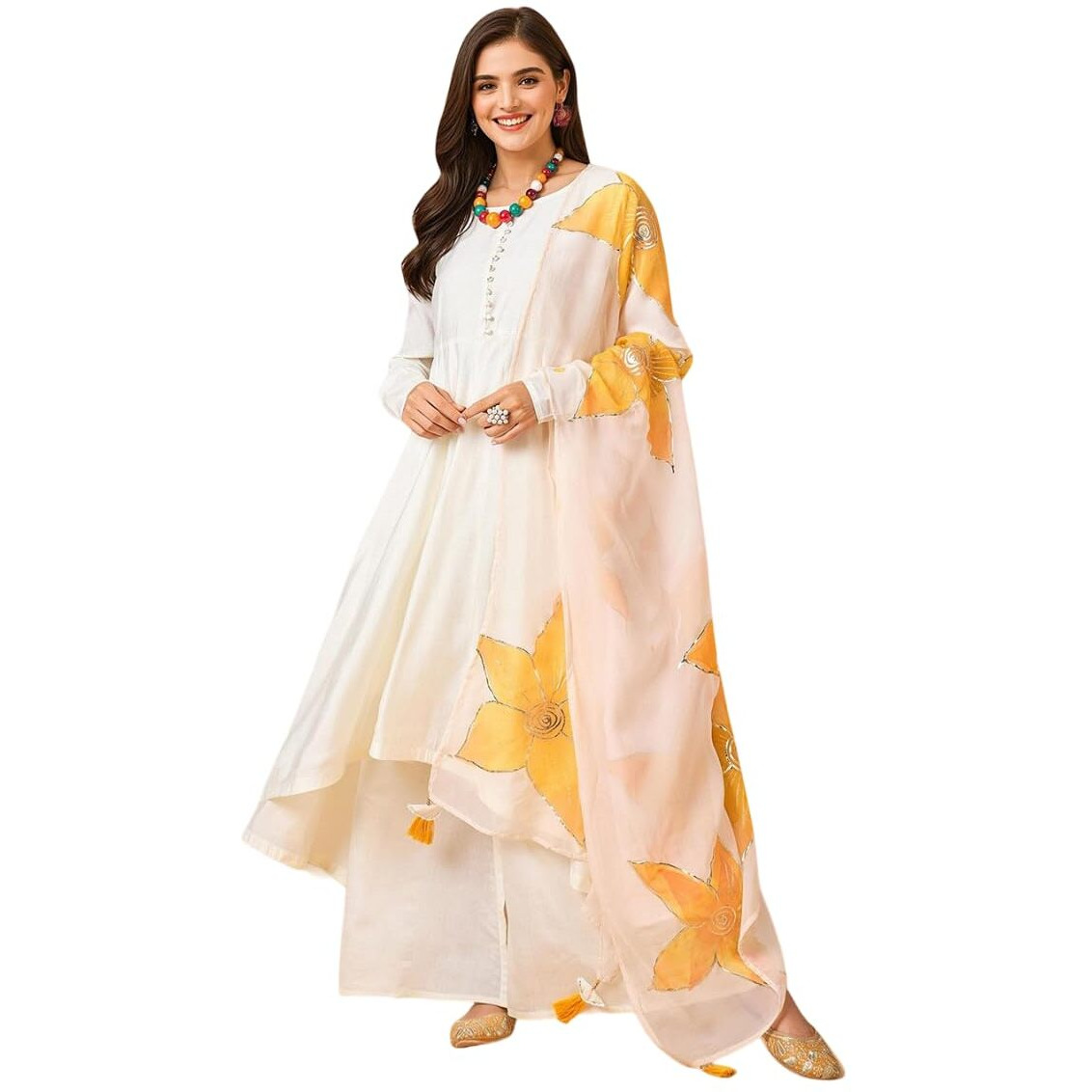 Ishin Women Solid Off-White Anarkali Kurta With Pants And Floral Dupatta