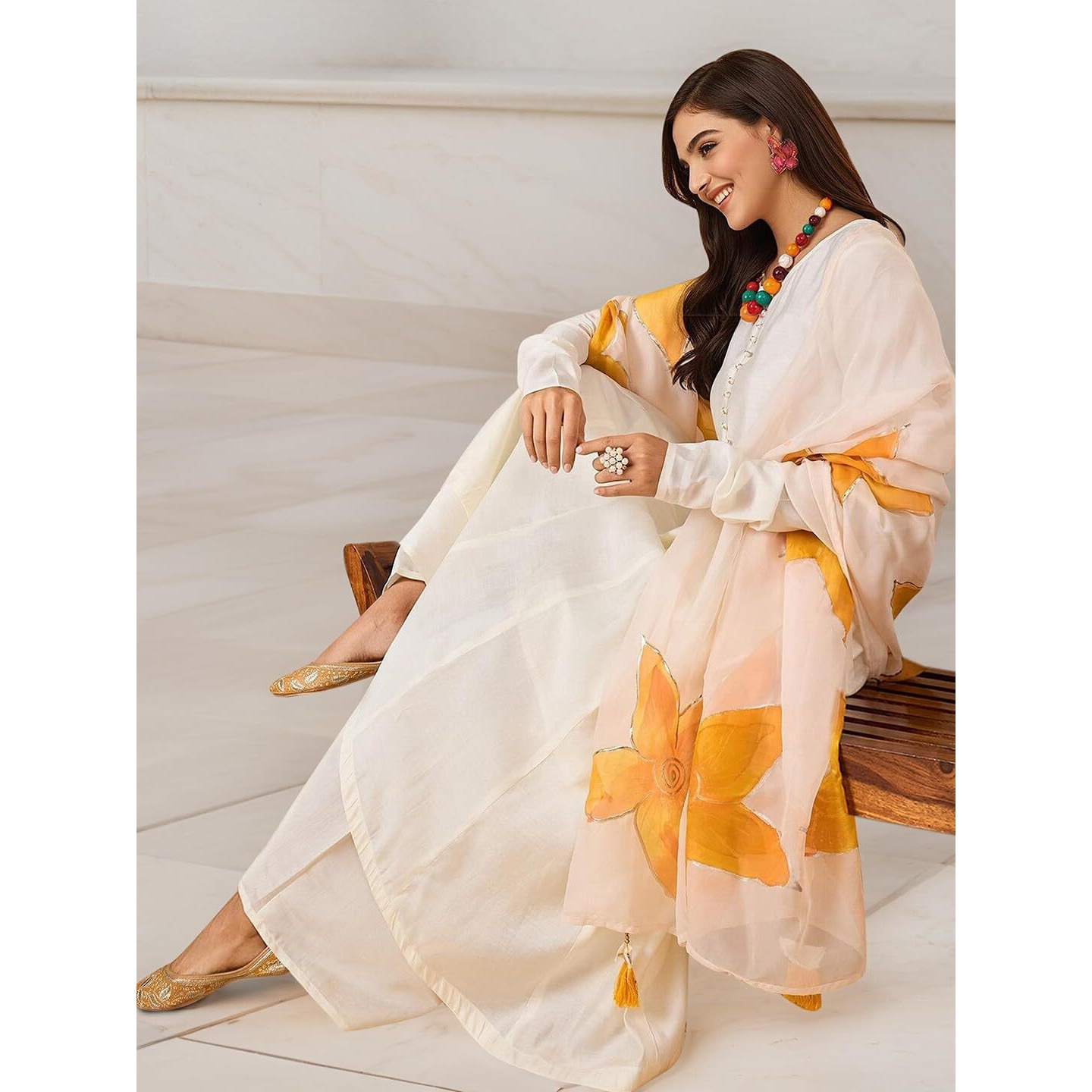Ishin Women Solid Off-White Anarkali Kurta With Pants And Floral Dupatta