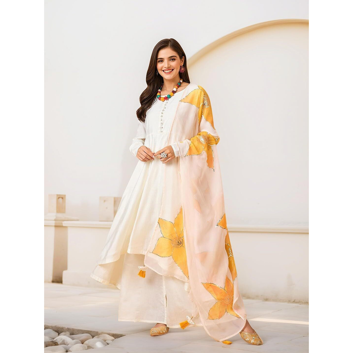 Ishin Women Solid Off-White Anarkali Kurta With Pants And Floral Dupatta