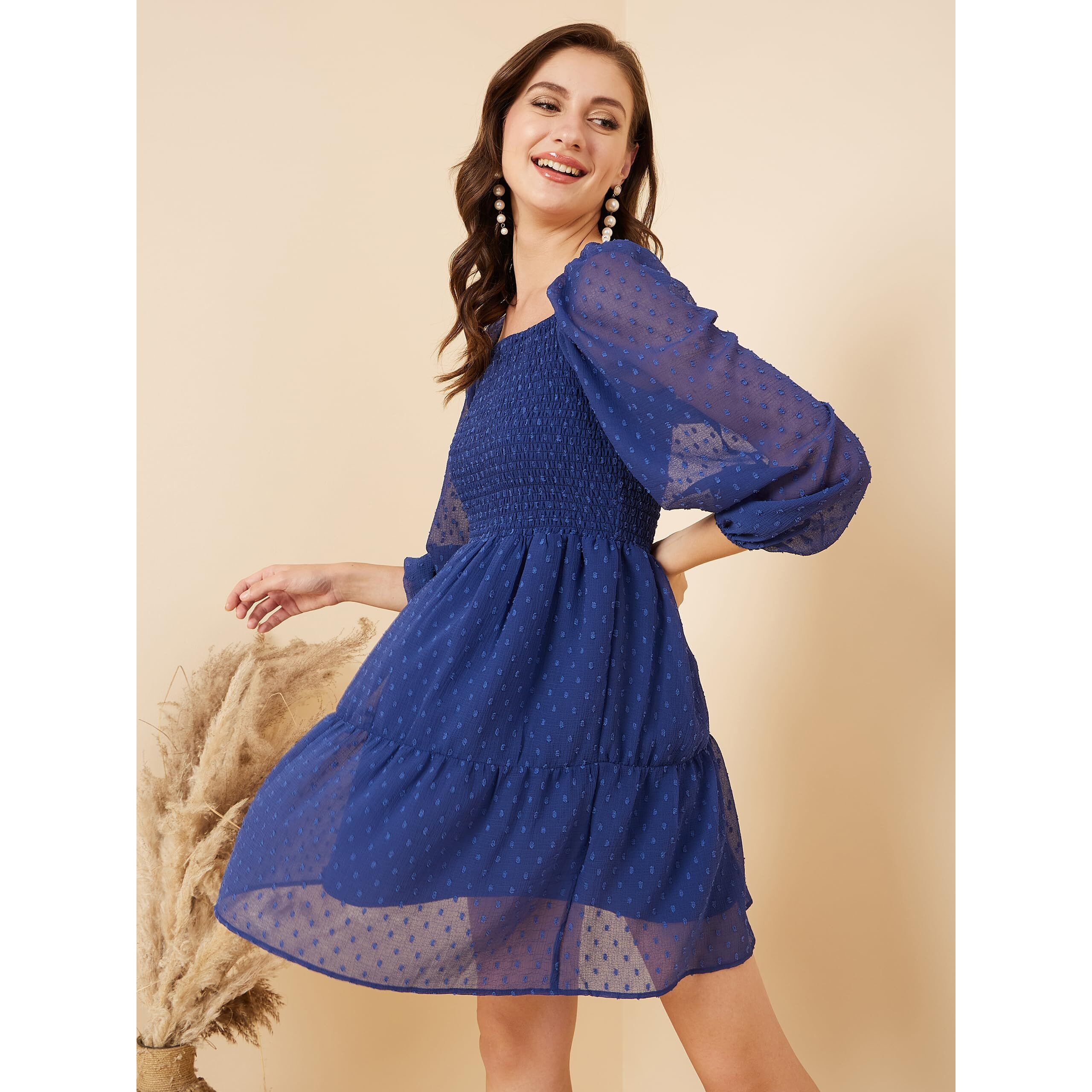 Rare Women's Chiffon Fit And Flare Above The Knee Casual Dress (Ep7105_Navy Blue_S)