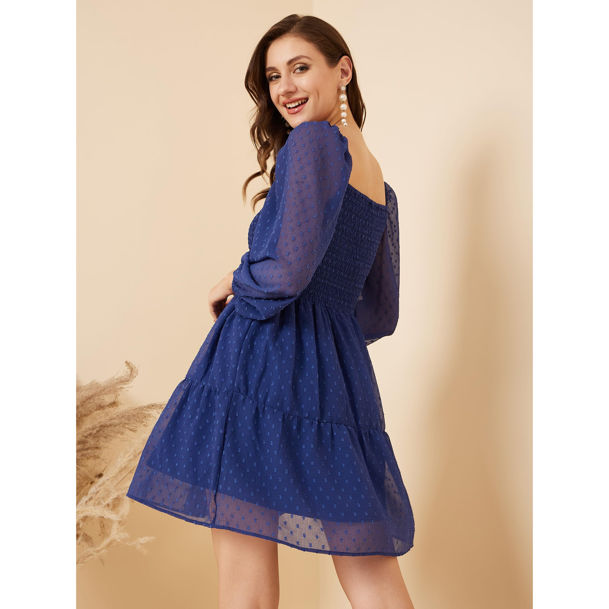 Rare Women's Chiffon Fit And Flare Above The Knee Casual Dress (Ep7105_Navy Blue_S)