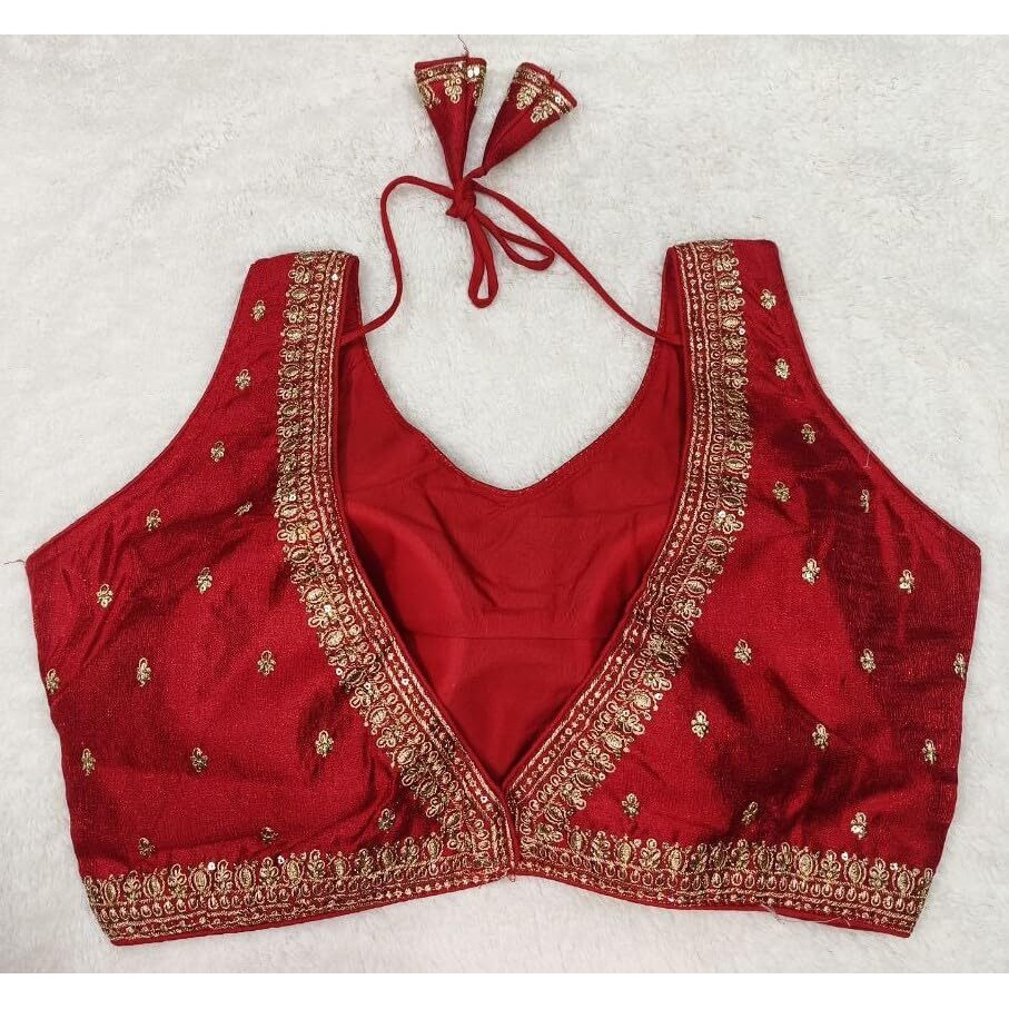 Pujia Mills Women's Indian Ethnic Wear Designer Golden Zari Embroidery With Sequence Work V Neck Sleeveless Readymade Worked Saree Blouse For Party (Red, 34)