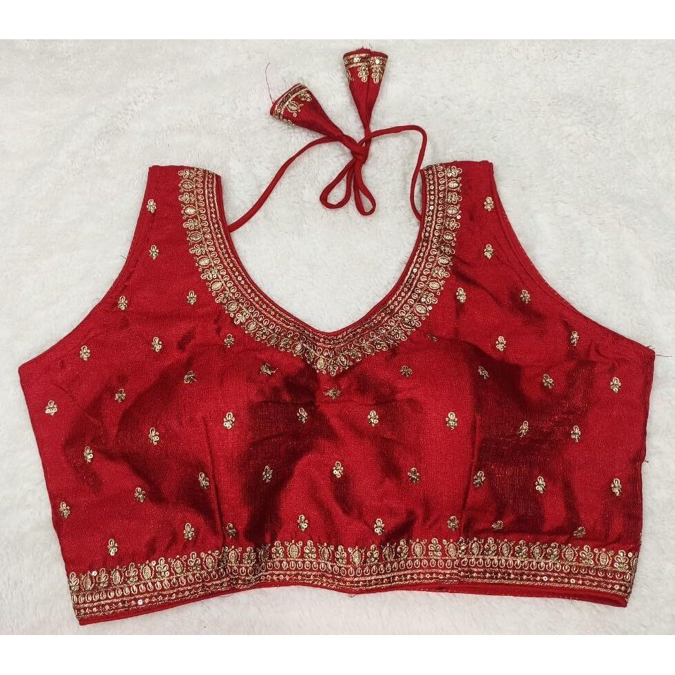 Pujia Mills Women's Indian Ethnic Wear Designer Golden Zari Embroidery With Sequence Work V Neck Sleeveless Readymade Worked Saree Blouse For Party (Red, 34)