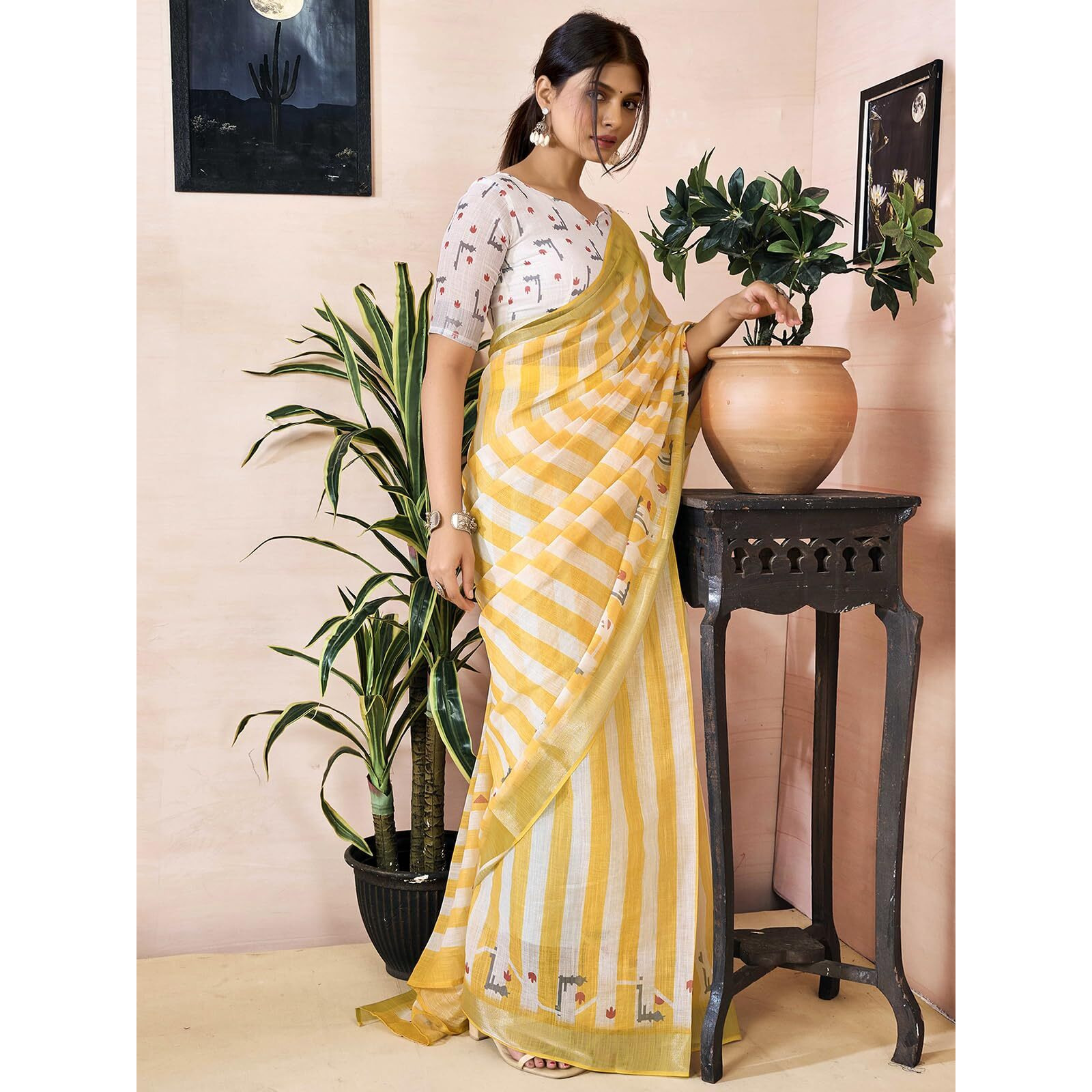 Satrani Women's Linen Printed & Zari Border Ready To Wear Saree With Unstitched Blouse Piece (43Rs382_Yellow1)