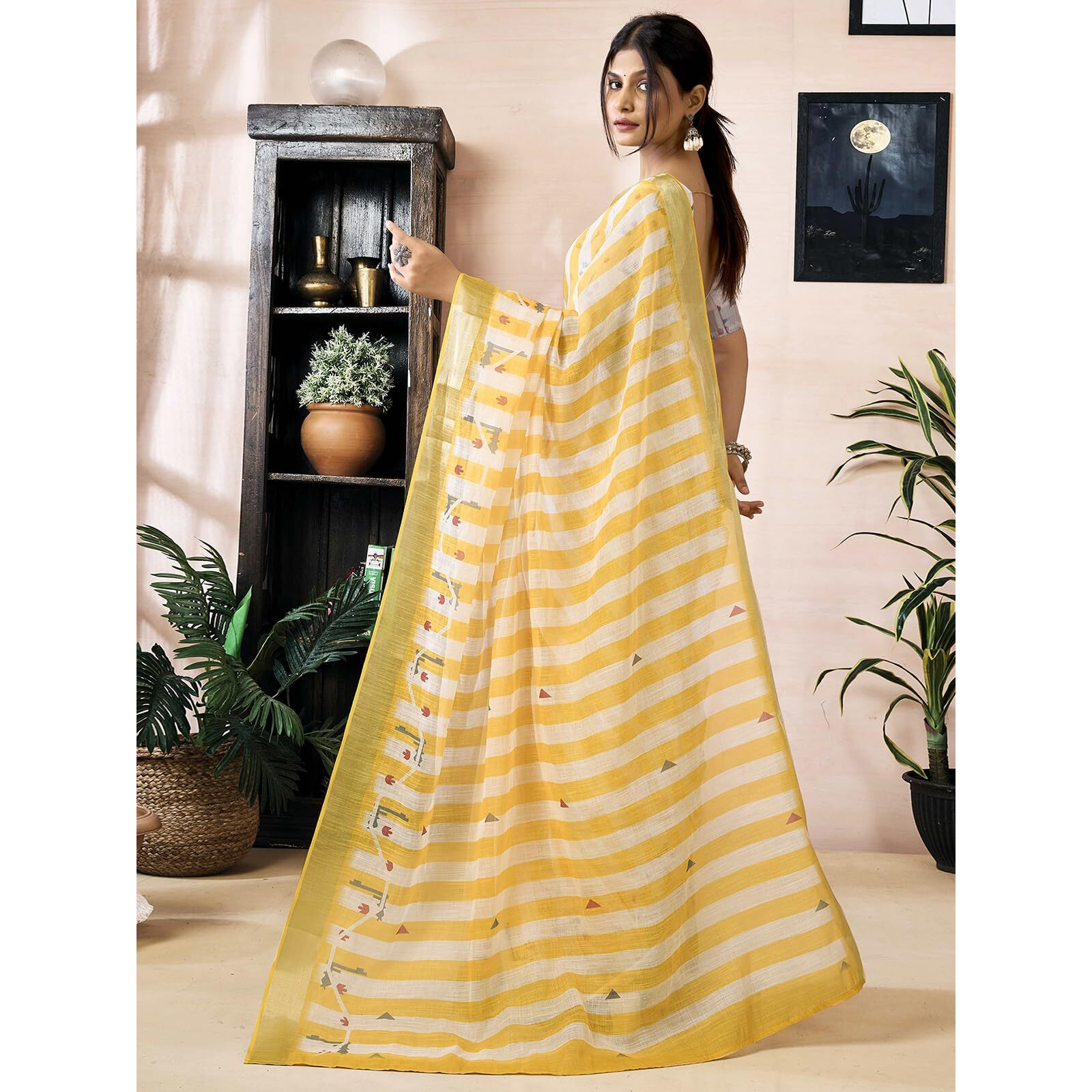 Satrani Women's Linen Printed & Zari Border Ready To Wear Saree With Unstitched Blouse Piece (43Rs382_Yellow1)