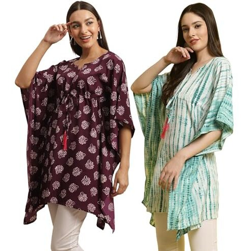 Tee Projekt Casual Crepe Kimino Sleeves Women's Kaftan Dress Ll Kaftan Casual & Everyday Kurta (Pack Of 2)