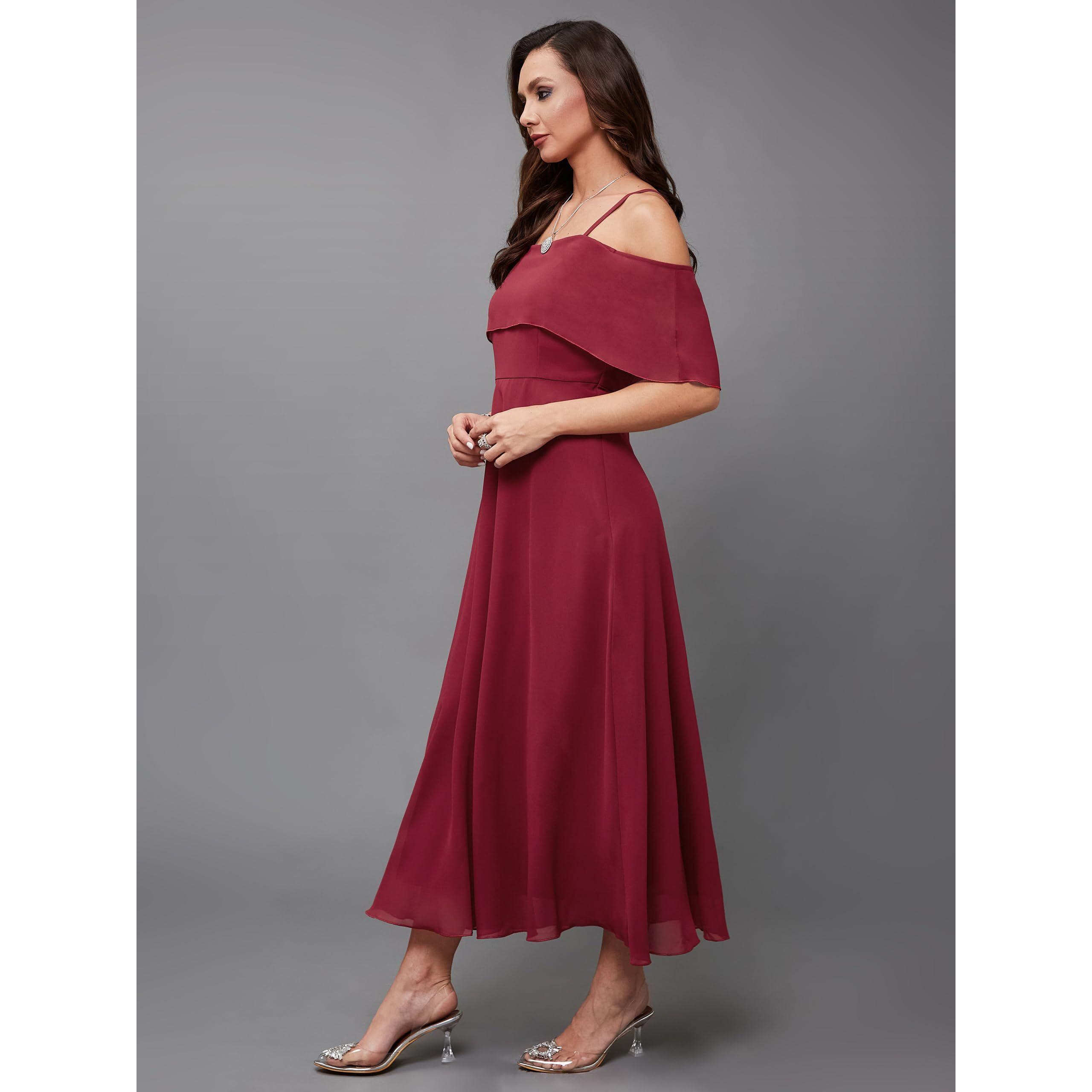 Miss Chase Women's Off-Shoulder Sleeveless Solid Skater Midi Dress (Mcaw17D10-06-143-04, Maroon, M)