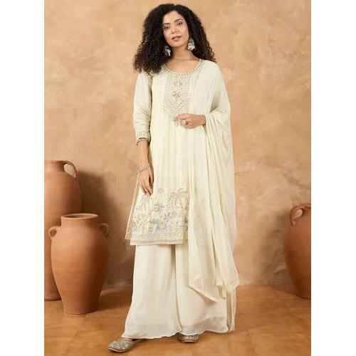 Varanga Women Thread Embroiderd Zari Yoke On The Kurta Paired With Solid Sharara And A Lace Detailing On Dupatta