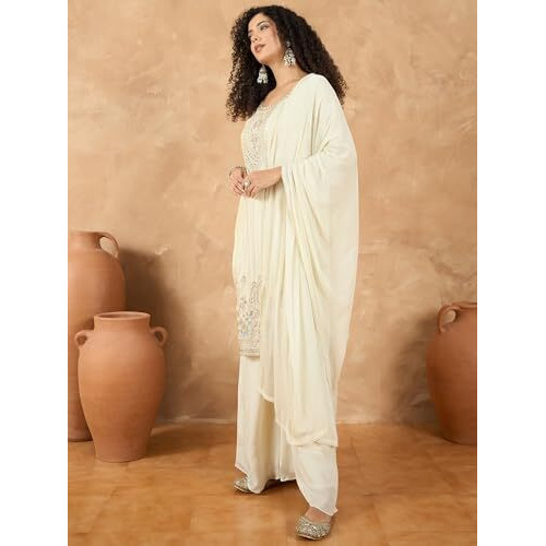 Varanga Women Thread Embroiderd Zari Yoke On The Kurta Paired With Solid Sharara And A Lace Detailing On Dupatta