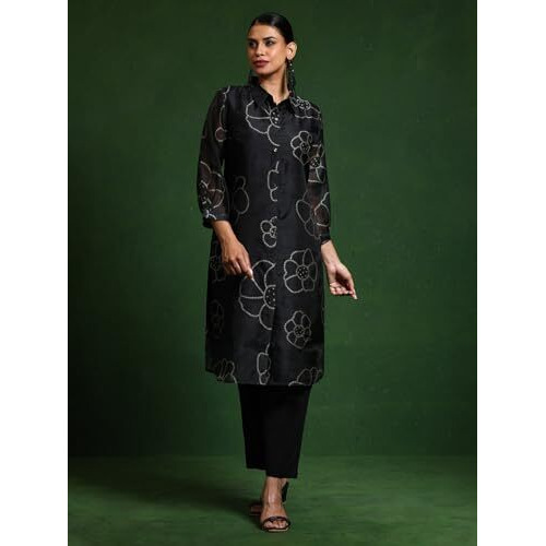 Varanga Women's Chanderi Paisley Regular Fashion Vest (Vkur2047_Black