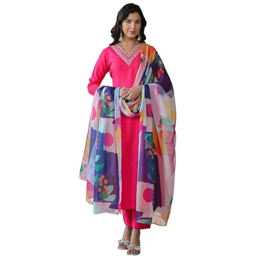 Anni Designer Women's Cotton Blend Straight Solid Kurta With Pant & Dupatta (Kisori Pink-Nw_S_Pink_Small)