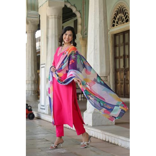 Anni Designer Women's Cotton Blend Straight Solid Kurta With Pant & Dupatta (Kisori Pink-Nw_S_Pink_Small)