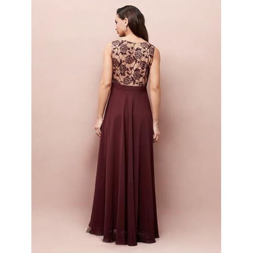 Miss Chase Women's Round Neck Sleeveless Maxi Dress (Mcaw24D96-14-603-07, Beige & Wine, 2Xl)