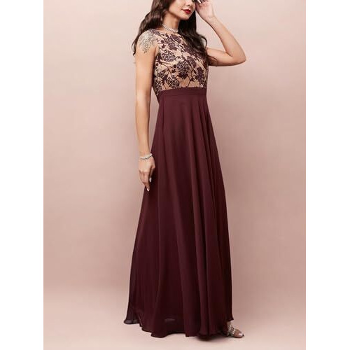 Miss Chase Women's Round Neck Sleeveless Maxi Dress (Mcaw24D96-14-603-07, Beige & Wine, 2Xl)