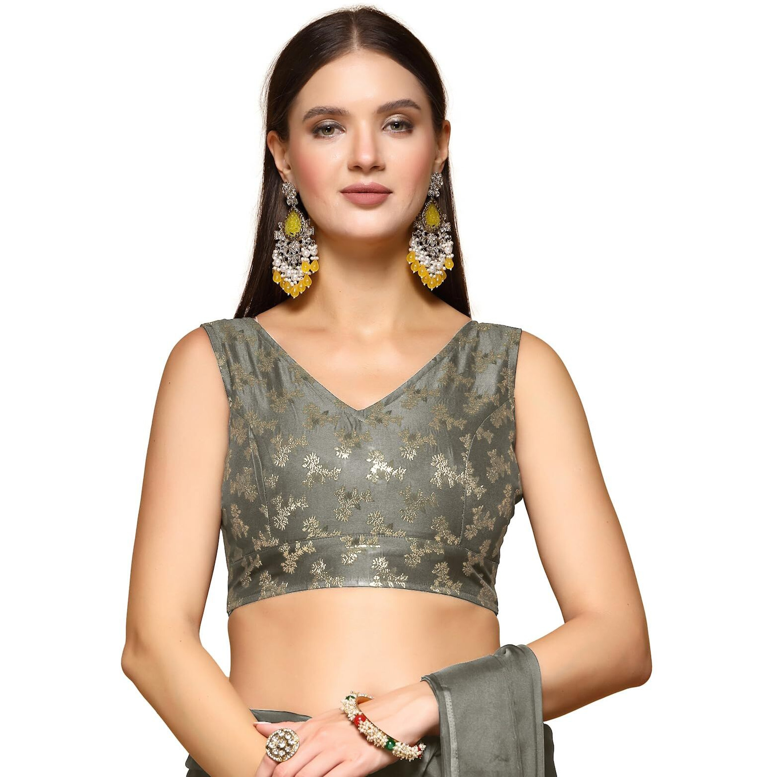 Oomph Readymade Blouse For Women, Brocade, Sleeveless, V-Neck, Rbbl653