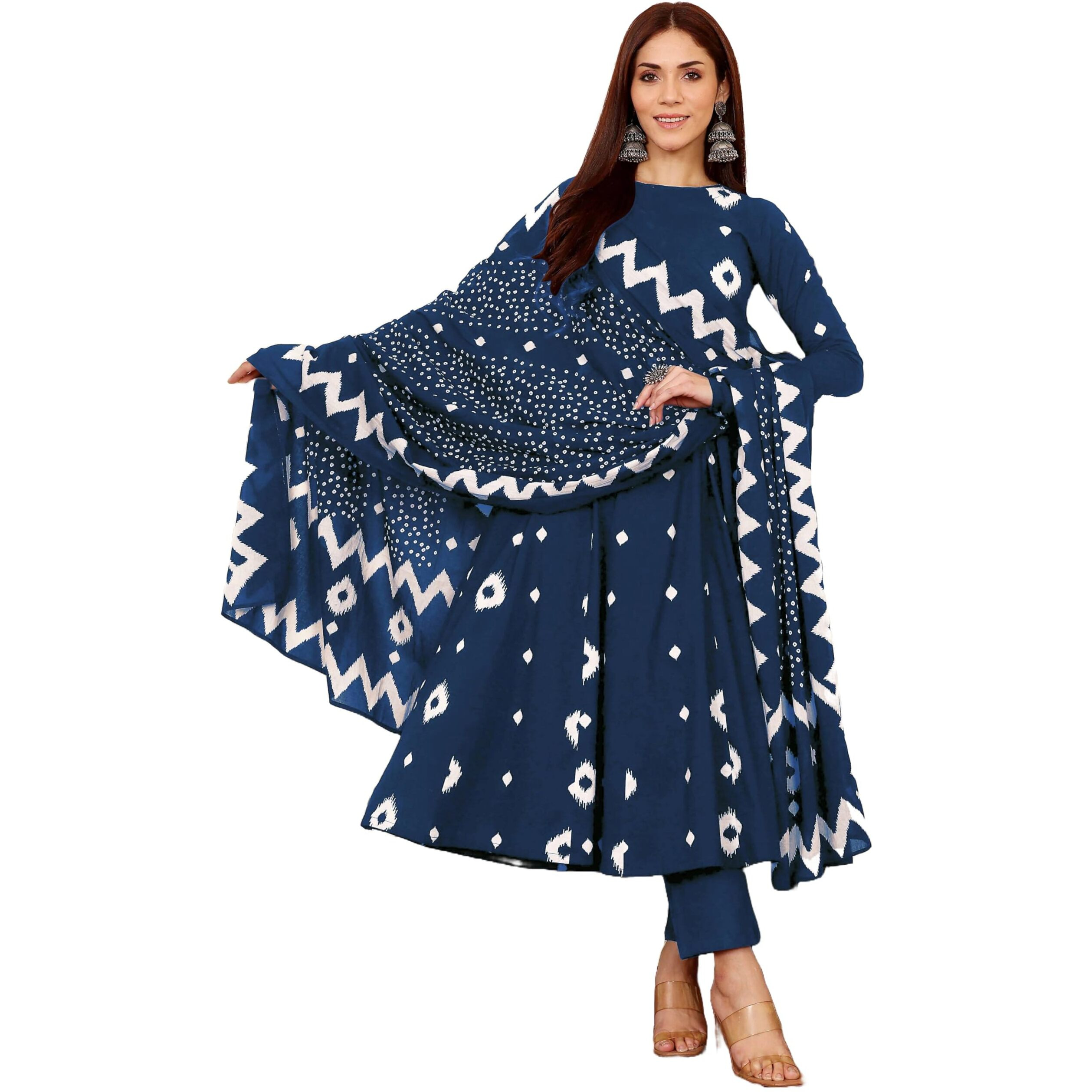 Anni Designer Women's Rayon Viscose A-Line Printed Kurta With Pant & Dupatta (Inira Blue_M_Blue_Medium)