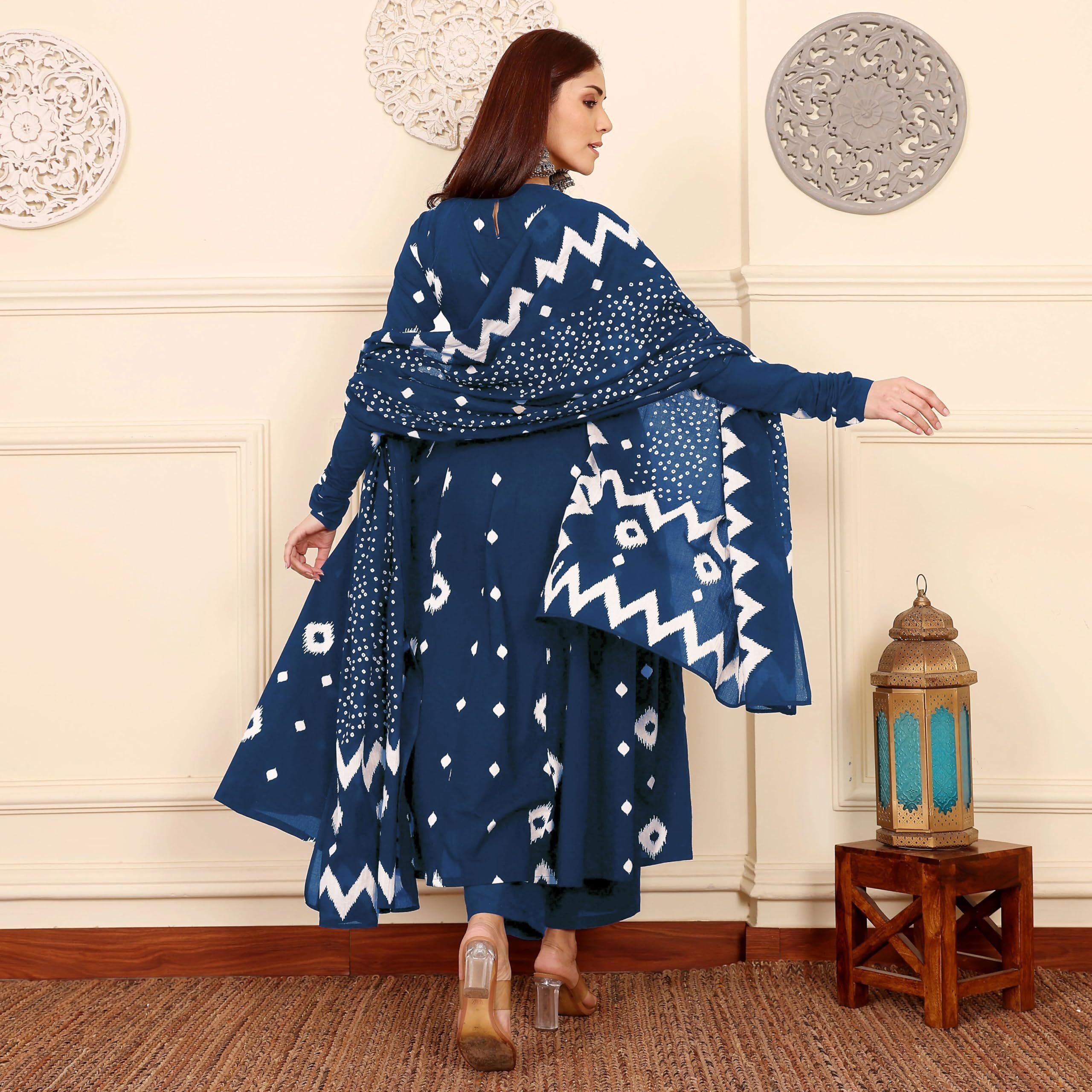 Anni Designer Women's Rayon Viscose A-Line Printed Kurta With Pant & Dupatta (Inira Blue_M_Blue_Medium)