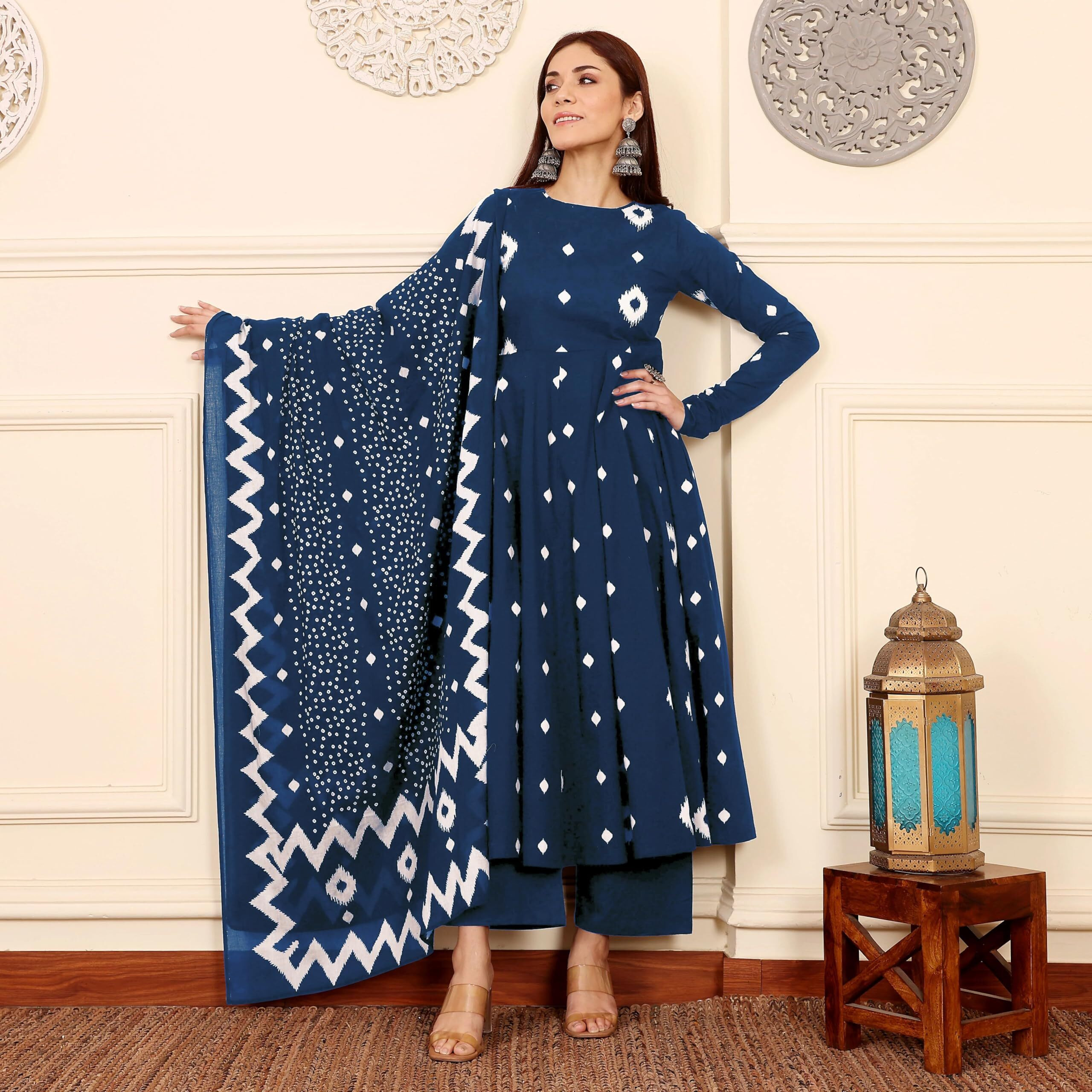 Anni Designer Women's Rayon Viscose A-Line Printed Kurta With Pant & Dupatta (Inira Blue_M_Blue_Medium)