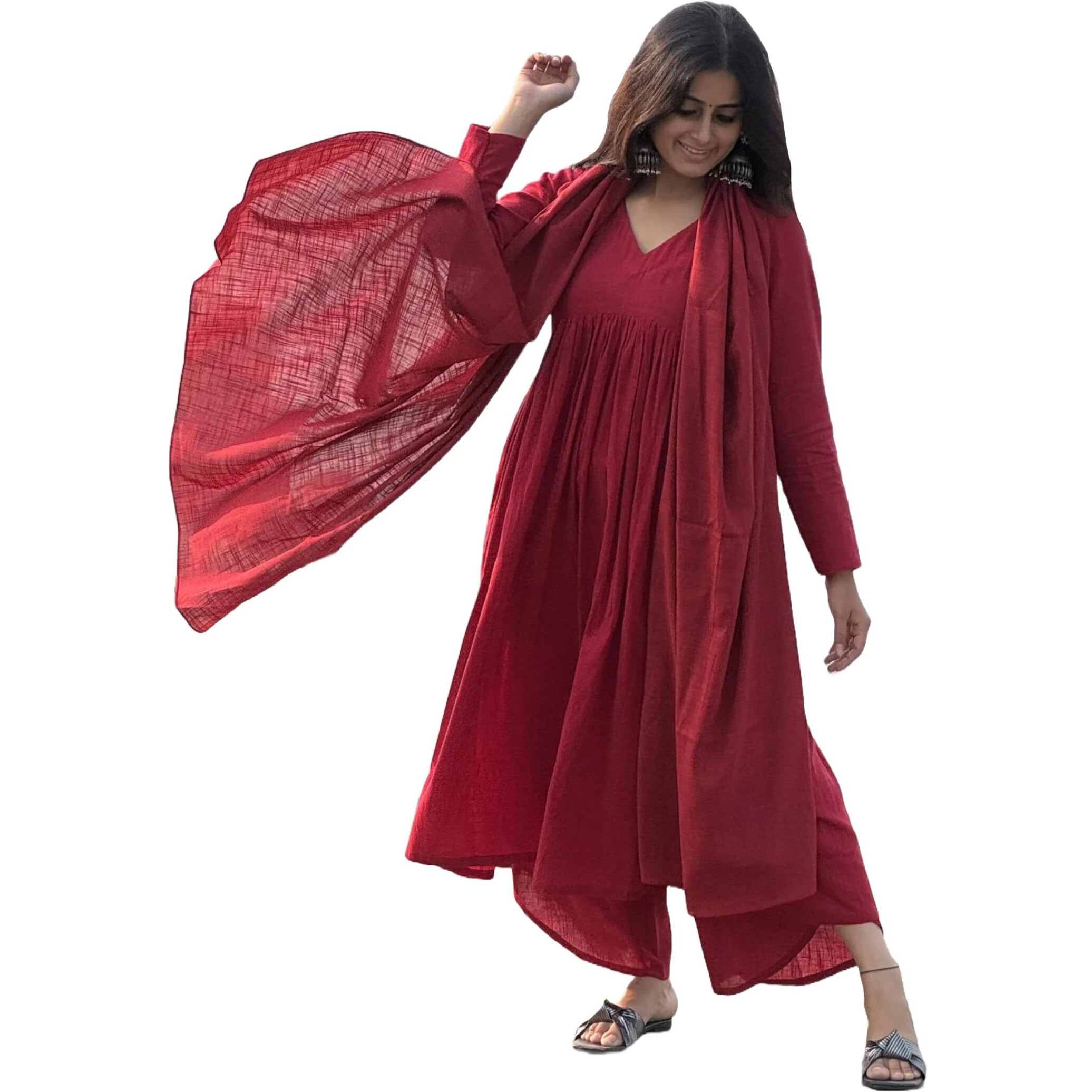 Anni Designer Women's Rayon Viscose A-Line Solid Kurta With Palazzo & Dupatta (Nibar Red_S_Red_Small)