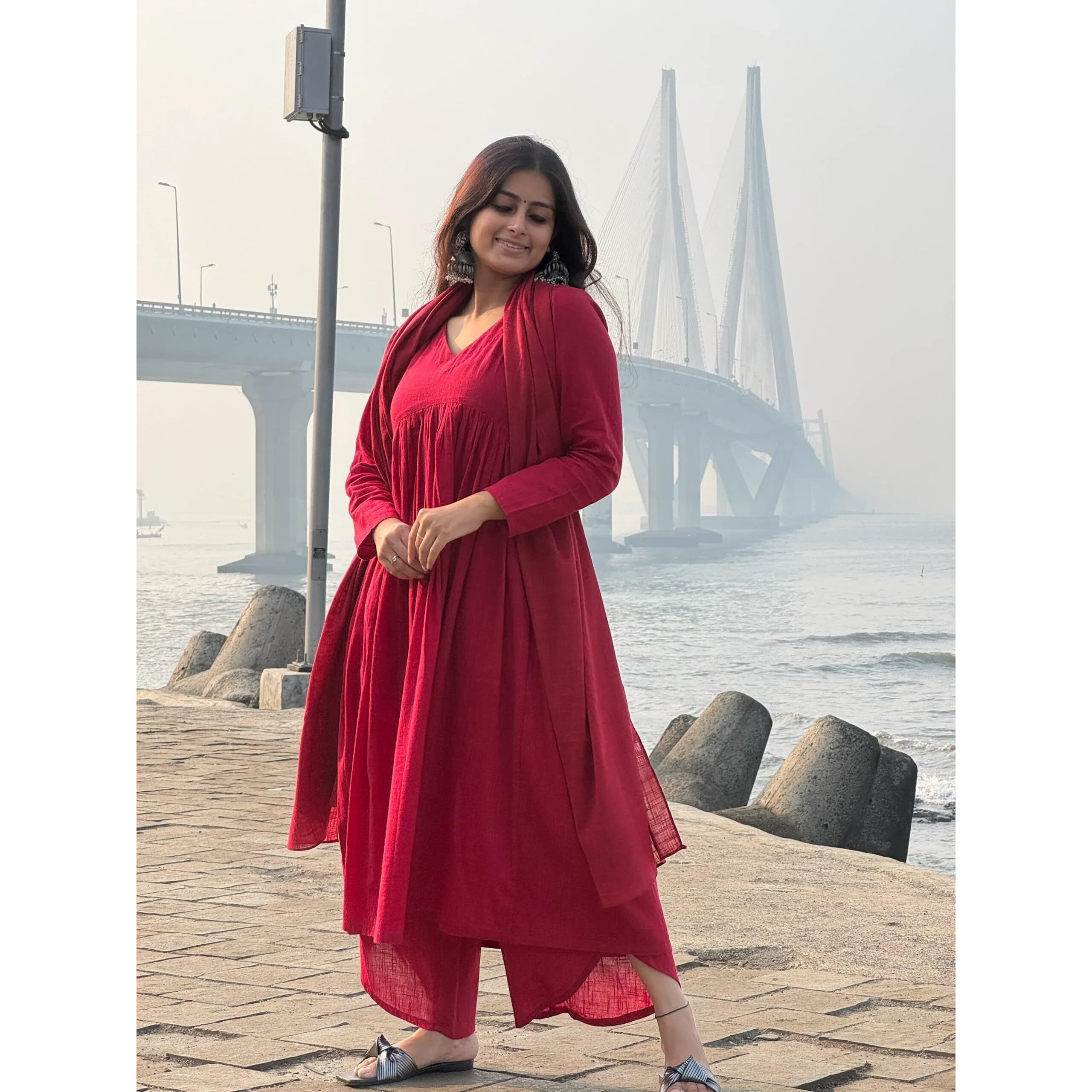 Anni Designer Women's Rayon Viscose A-Line Solid Kurta With Palazzo & Dupatta (Nibar Red_S_Red_Small)