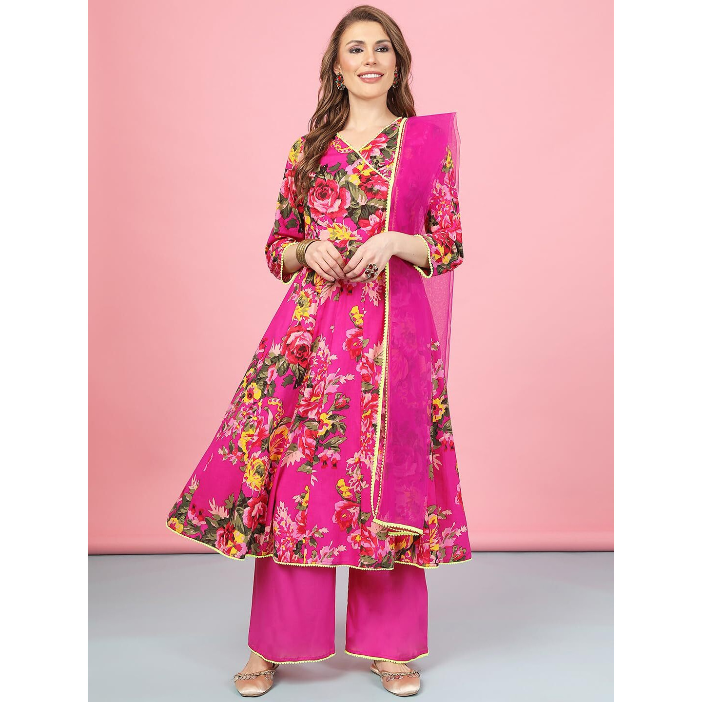 A.T.U.N. (All Things Uber Nice) Women Floral Printed Angrakha Pure Cotton Kurta With Palazzos & Dupatta