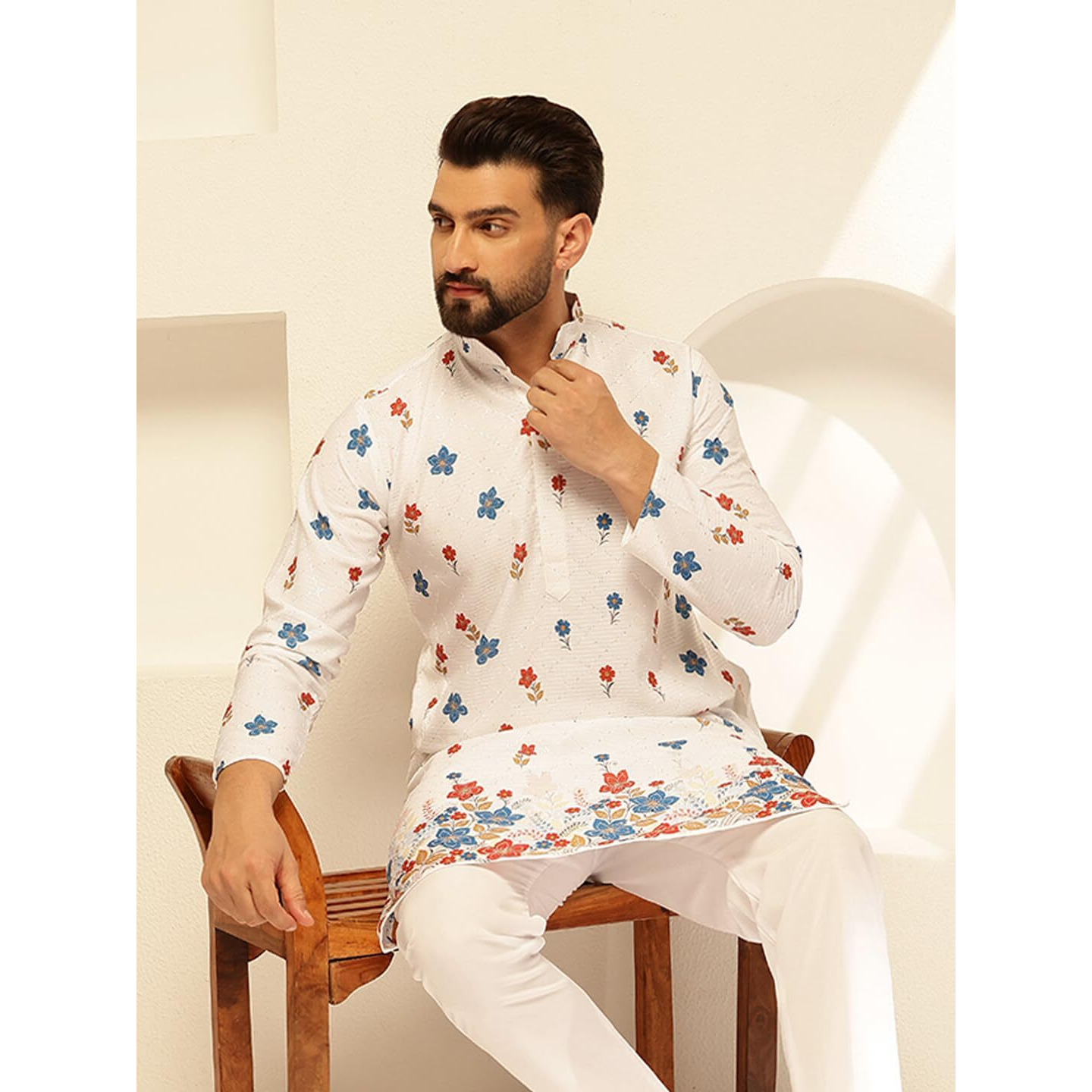 Sojanya (Since 1958 Men's Cotton Daman Print With Krochet Embroidered White Kurta And Pyjama