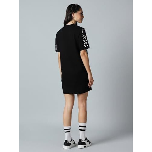Bewakoof Heavy Duty 1.0 Official Disney Merchandise Women's All Over Printed Oversized Fit Half Sleeve Round Neck Terry T-Shirt Dress 614102 Black Xl