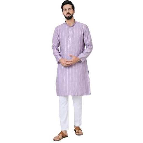 See Designs Men's Full Sleeve Mandarin Collar Lavender Sequins Embroidered Straight Kurta - Sdkt2909M