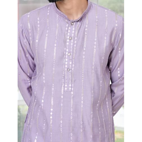 See Designs Men's Full Sleeve Mandarin Collar Lavender Sequins Embroidered Straight Kurta - Sdkt2909M